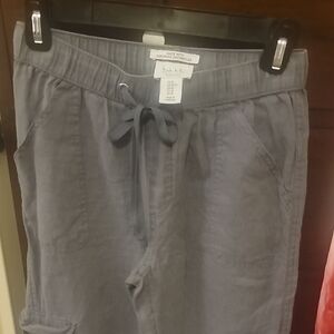 NWOT Nicole Miller 100% Linen Slate Blue Drawstring  Carfgo Pants  Size XS